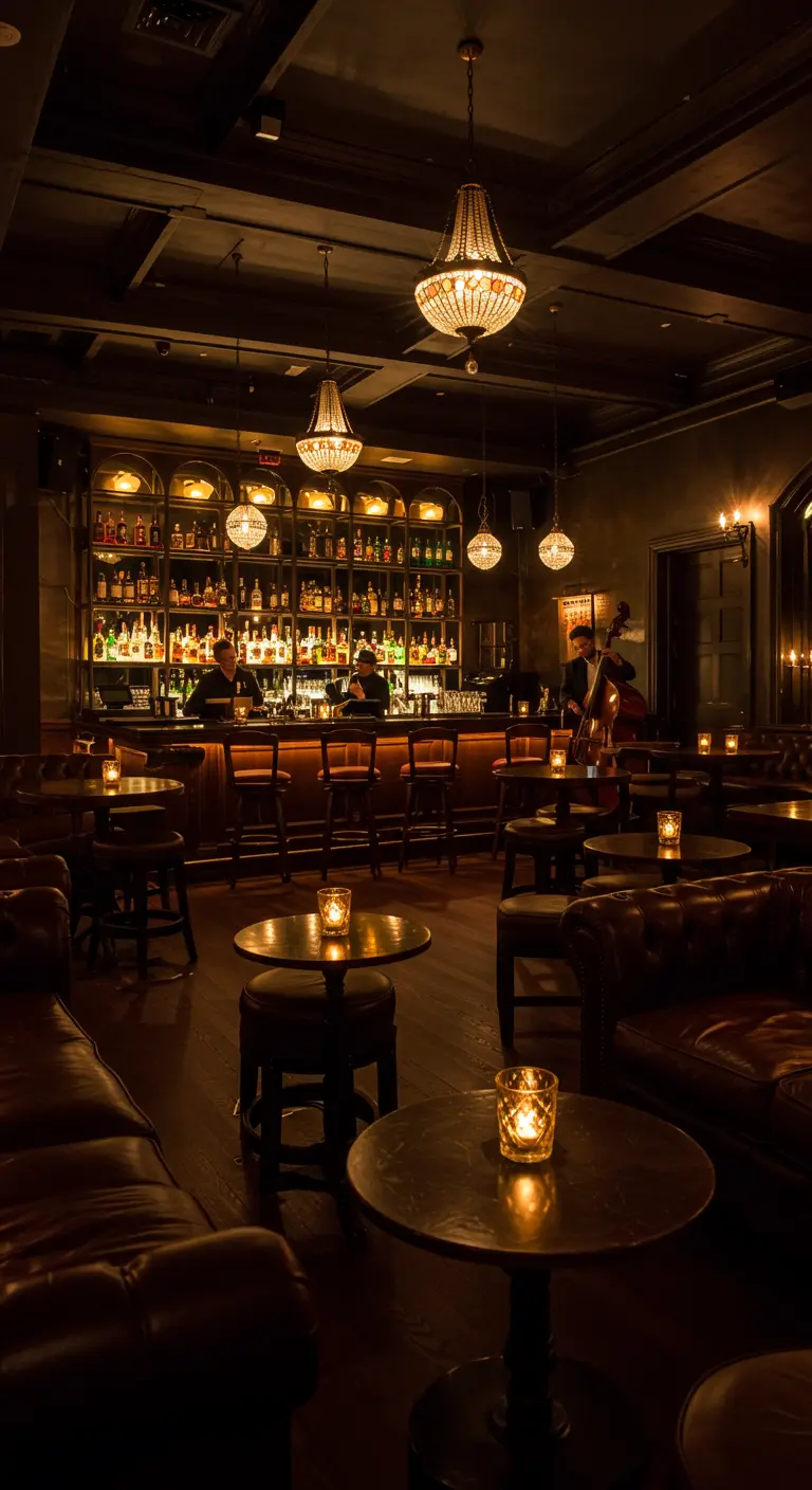 Donkere bar in speakeasy stijl met kaarsen op tafels.