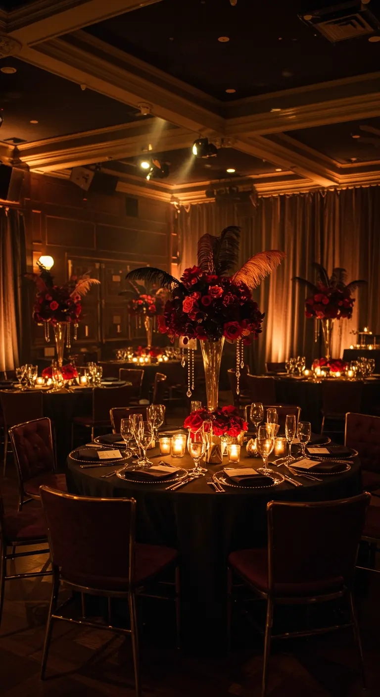 Donkere, luxe bruiloftstafel in speakeasy stijl met rode rozen, veren en kaarslicht.