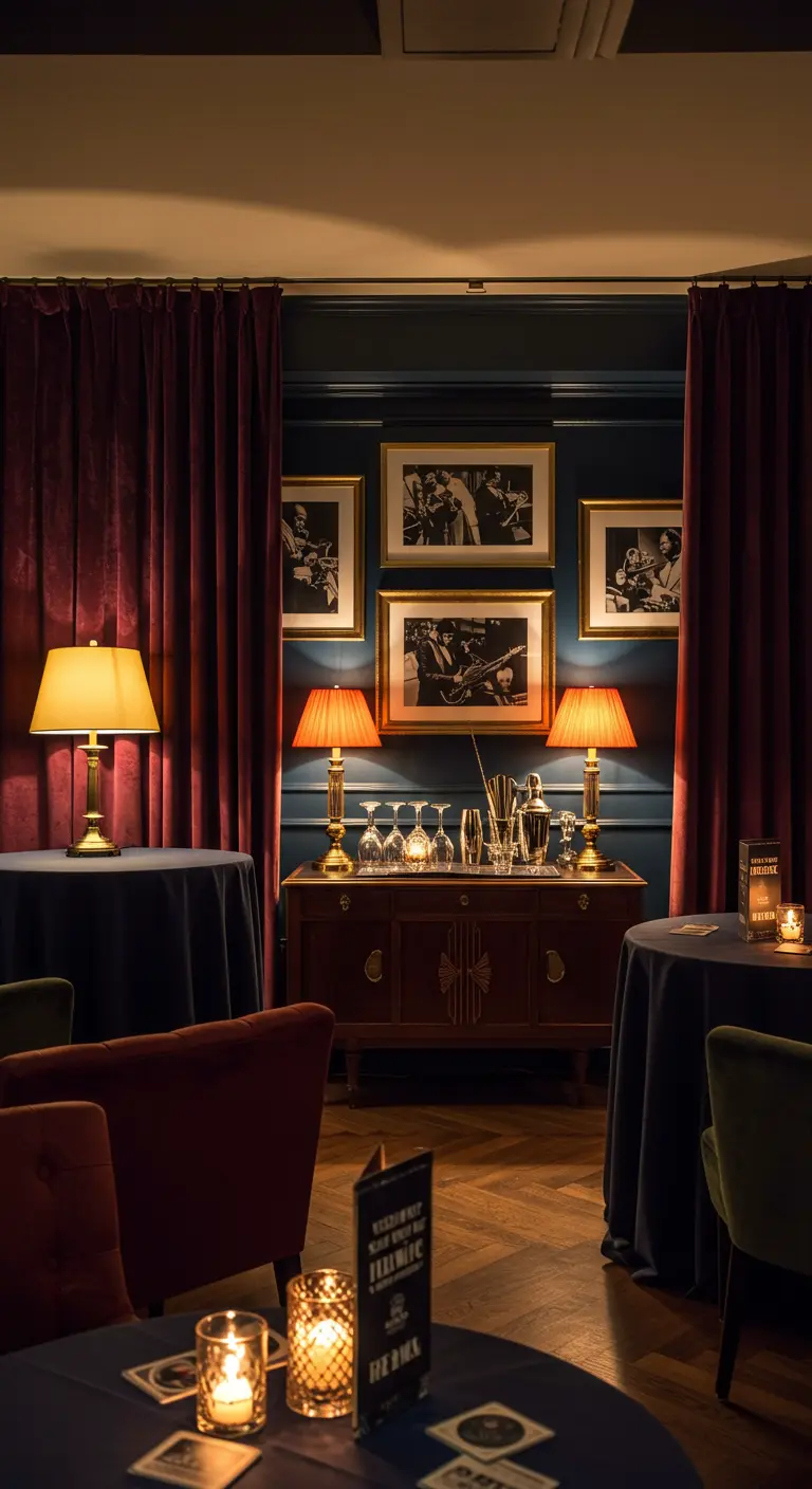Chique speakeasy sfeer met donkere muren, fluwelen gordijnen en schemerlampen.