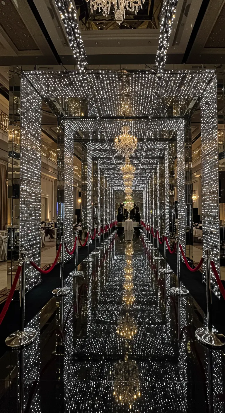 Grandioze hal met spiegelwanden, plafond vol twinkellichtjes en rode afzetting.