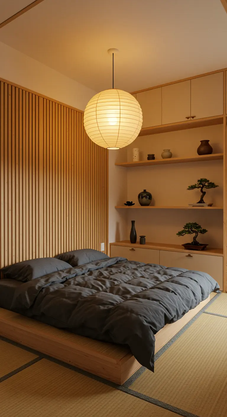 Japandi slaapkamer met laag houten bed, tatami matten, houten lattenwand en papieren lampion.