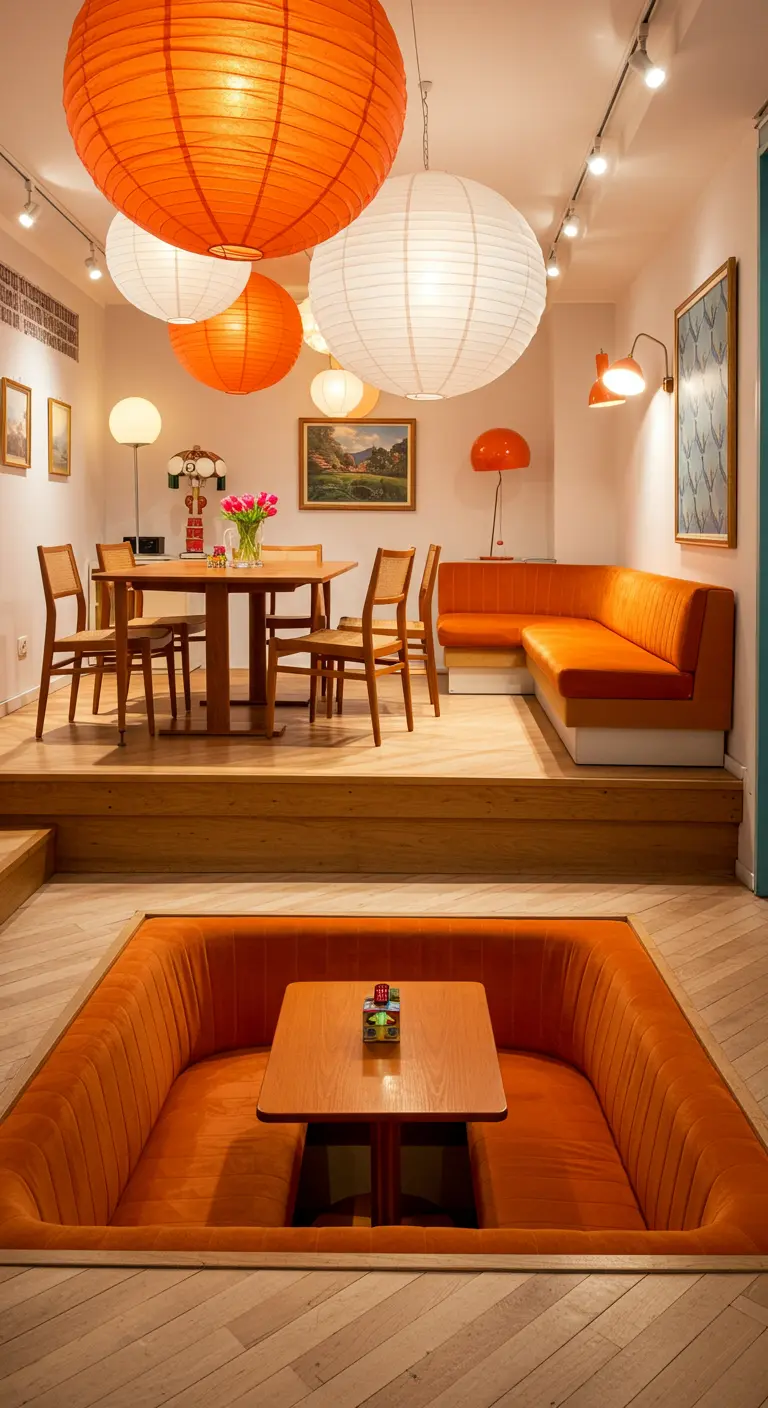 Eetruimte met verzonken oranje zithoek en verhoogde eettafel