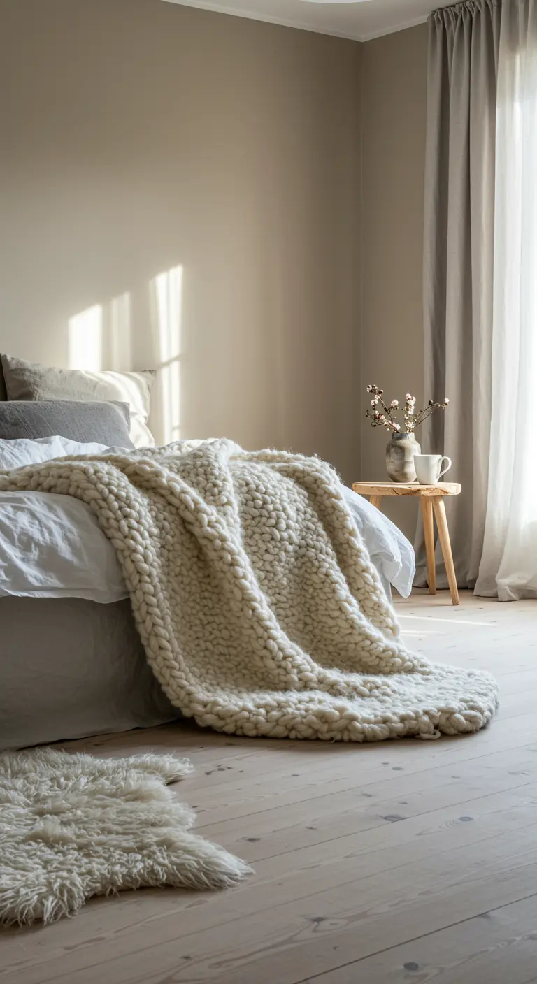 Lichte slaapkamer met beige muren, een dik crèmekleurig deken en een schapenvachtje op de vloer.