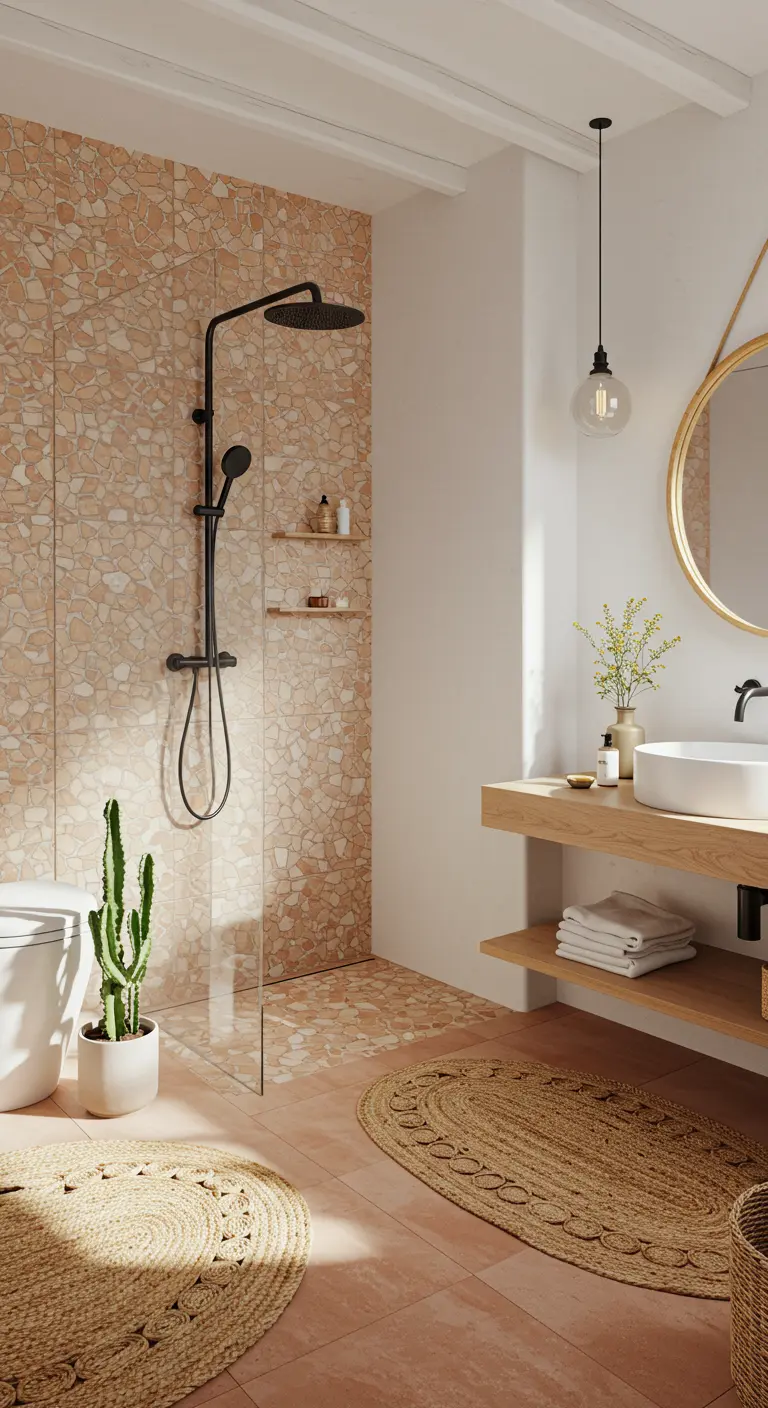 Moderne badkamer met terracotta terrazzo-effect tegels in douche, houten wastafelmeubel, jute kleden.
