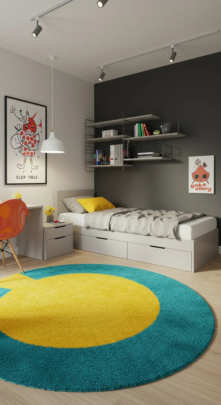 Moderne kinderkamer met een rond, felgeel en blauw vloerkleed.