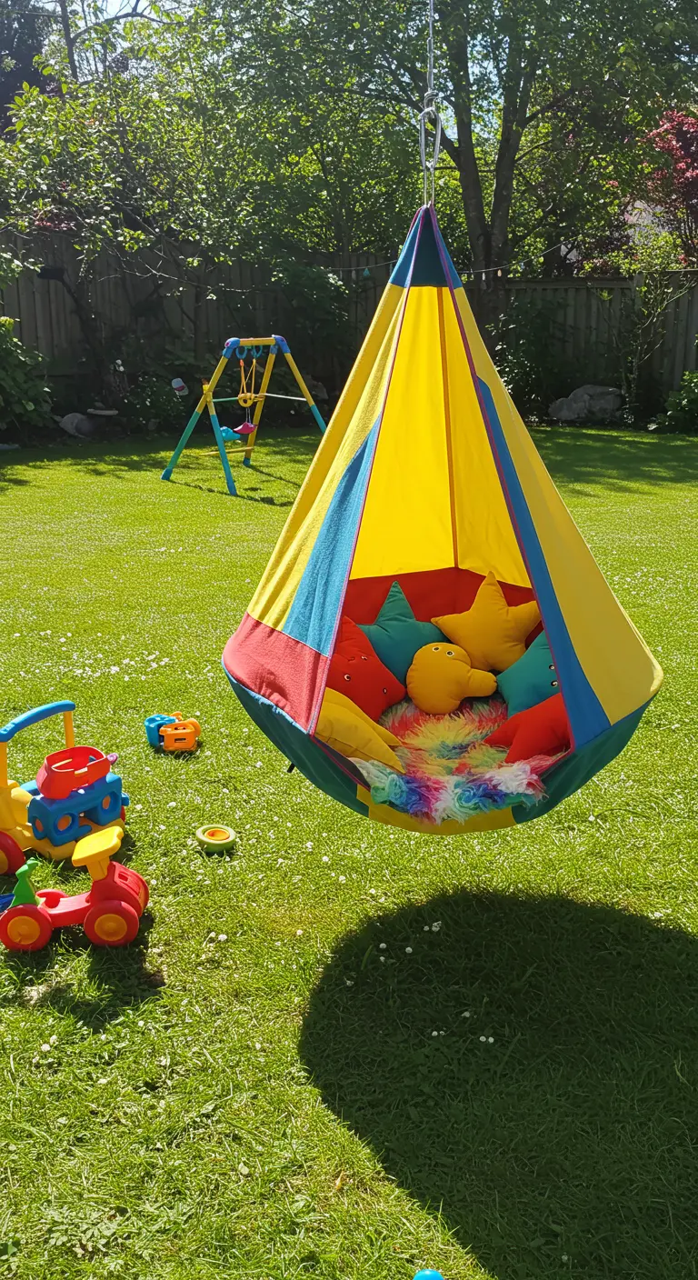 Gele tent-achtige hangstoel gevuld met kleurrijke en stervormige kussens in een tuin.