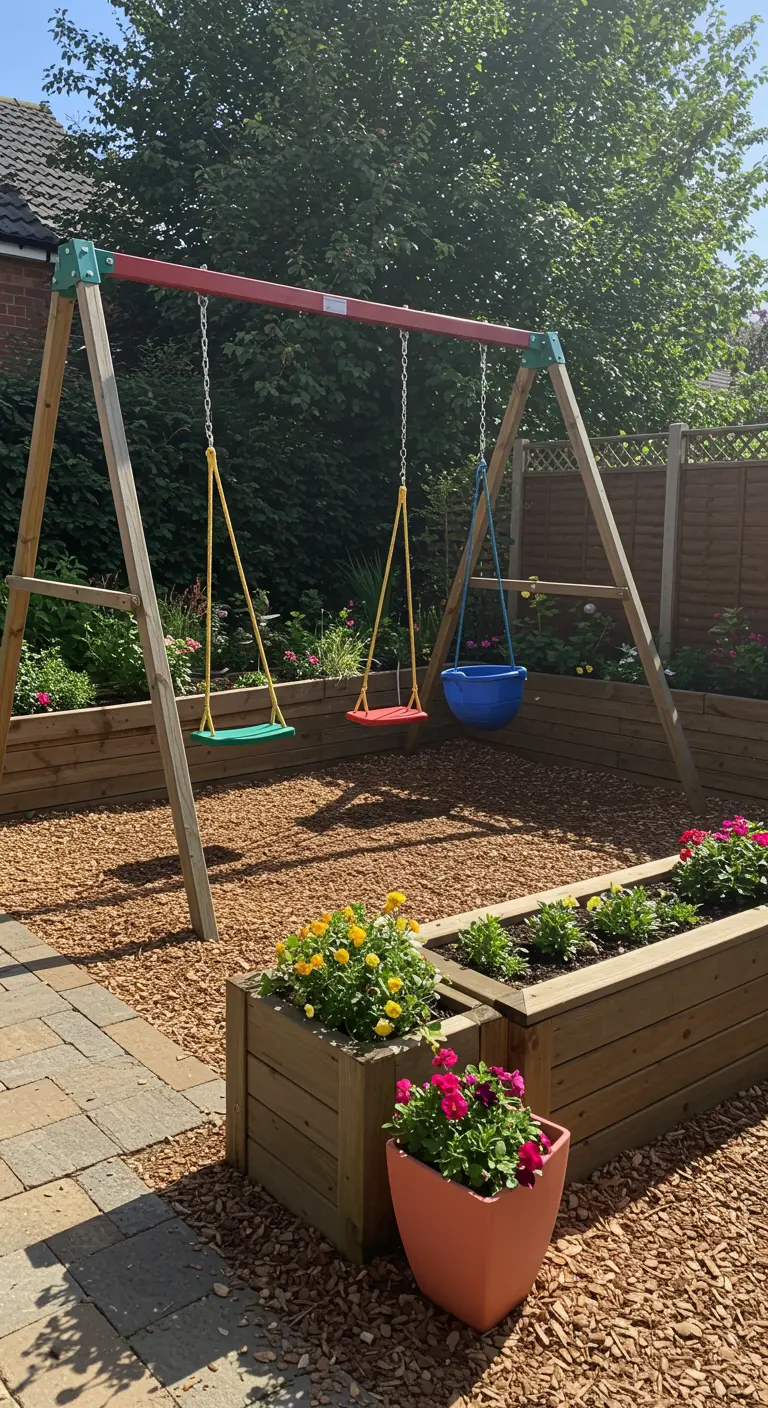 Houten schommelrek met drie schommels in tuin, omringd door houten plantenbakken met bloemen.
