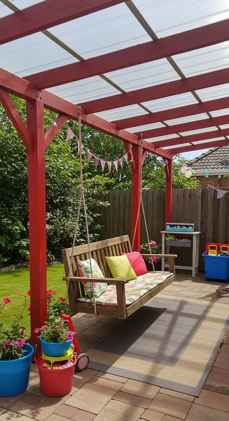 Houten schommelbank met gekleurde kussens onder rood geverfde pergola in kindvriendelijke tuin.