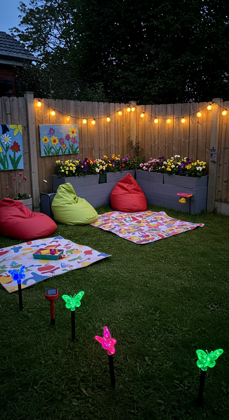 Kindvriendelijke tuin met zitzakken, speelkleden, lichtslinger en bloembakken.