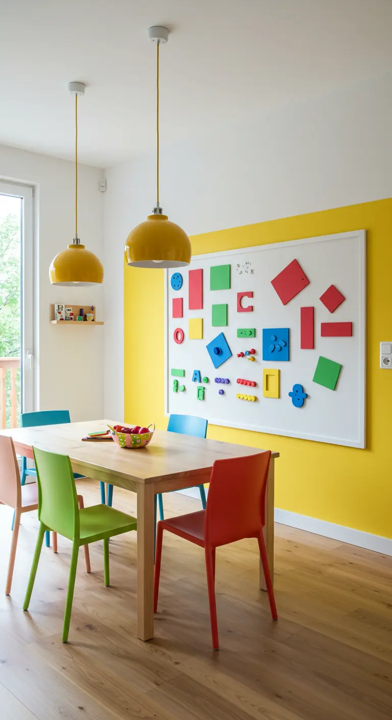 Kindvriendelijke eethoek met een gele accentmuur en een groot whiteboard met kleurrijke vormen.