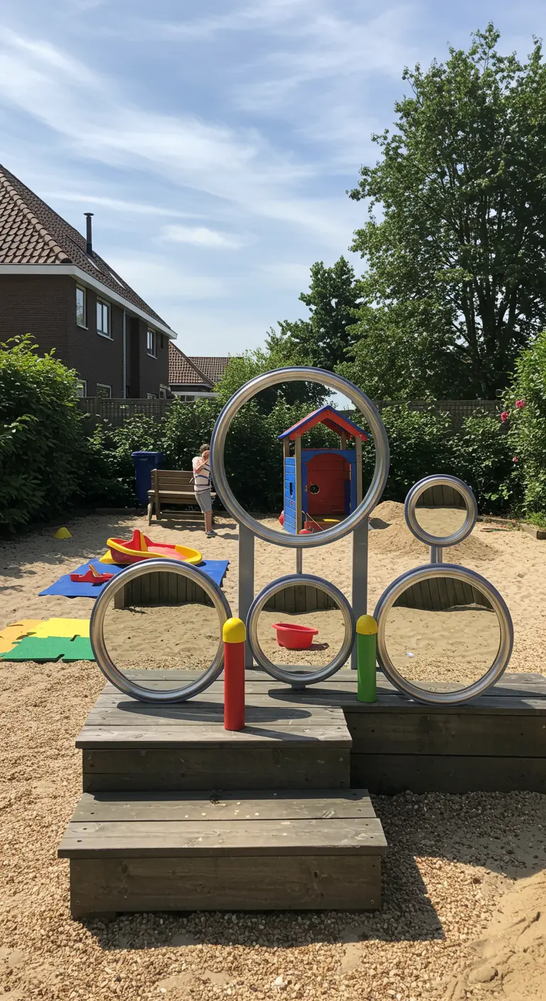 Speeltoestel in zandbak met meerdere ronde metalen spiegels op verschillende hoogtes.
