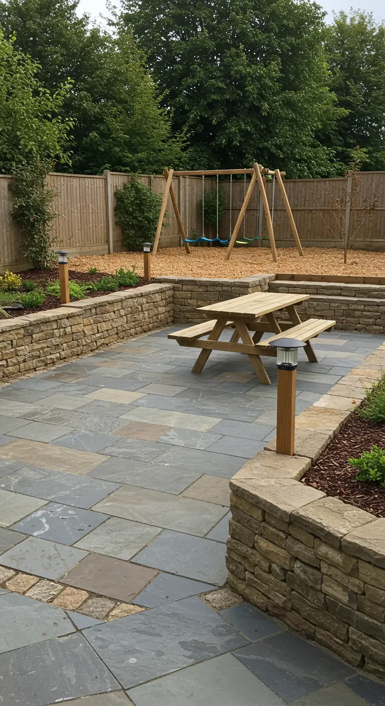 Gezinsvriendelijke tuin met stenen terras, houten picknicktafel en schommelset.