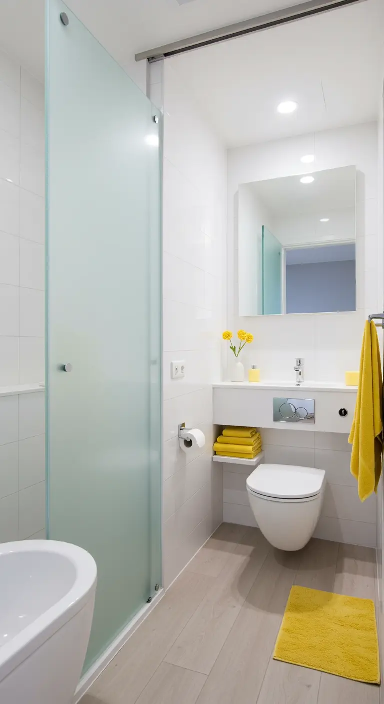 Witte badkamer met matglazen schuifdeur en gele handdoeken en accessoires.