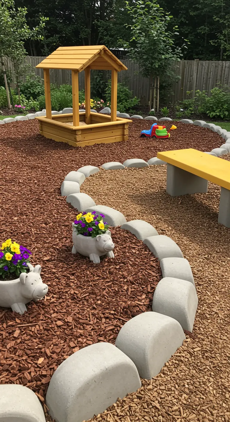 Kinderspeelplaats met varkensvormige betonnen bloembakken/randen en een gele bank.
