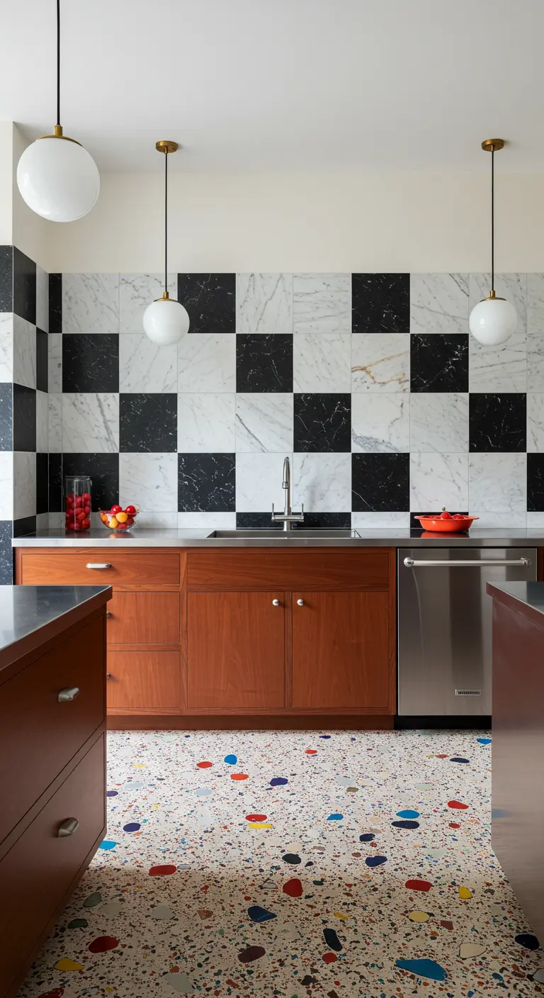 Keuken met zwart-wit geblokte marmeren achterwand, houten kasten en een kleurrijke terrazzo vloer.
