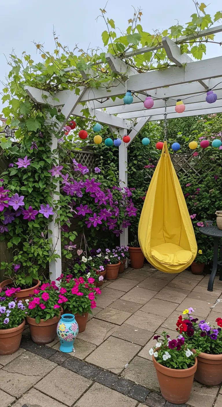 Witte pergola met wijnranken, gele hangstoel en kleurrijke lichtslingers in een bloemrijke tuin.