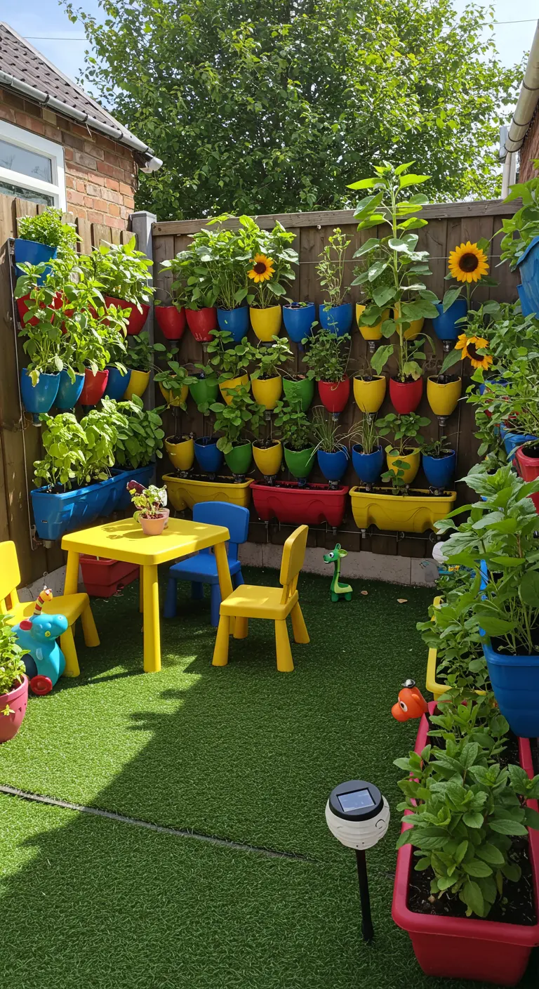 Kleurrijke verticale tuin met plastic potten vol planten en zonnebloemen, kinderspeelhoek.