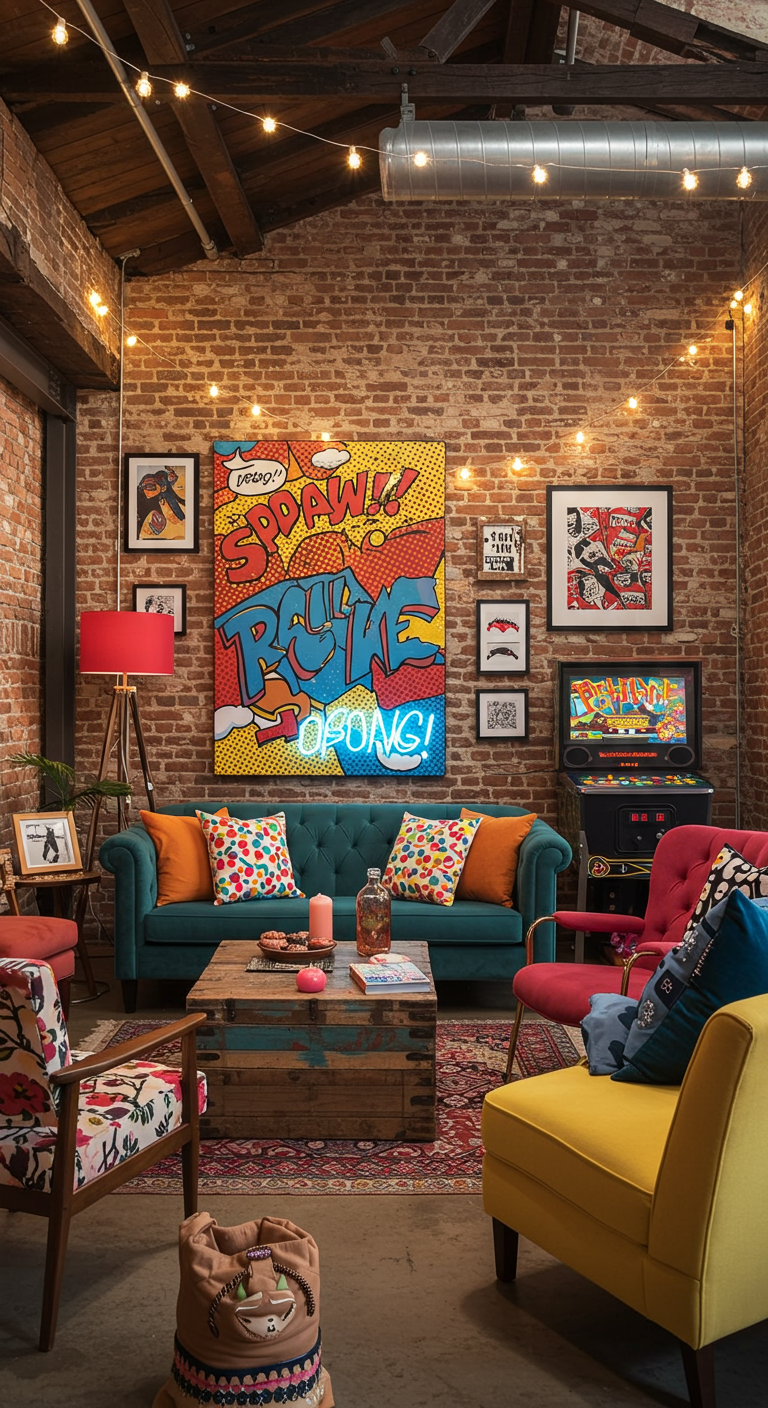 Eclectische woonkamer met bakstenen muur, pop-art schilderij, neonletters en een vintage arcadekast.