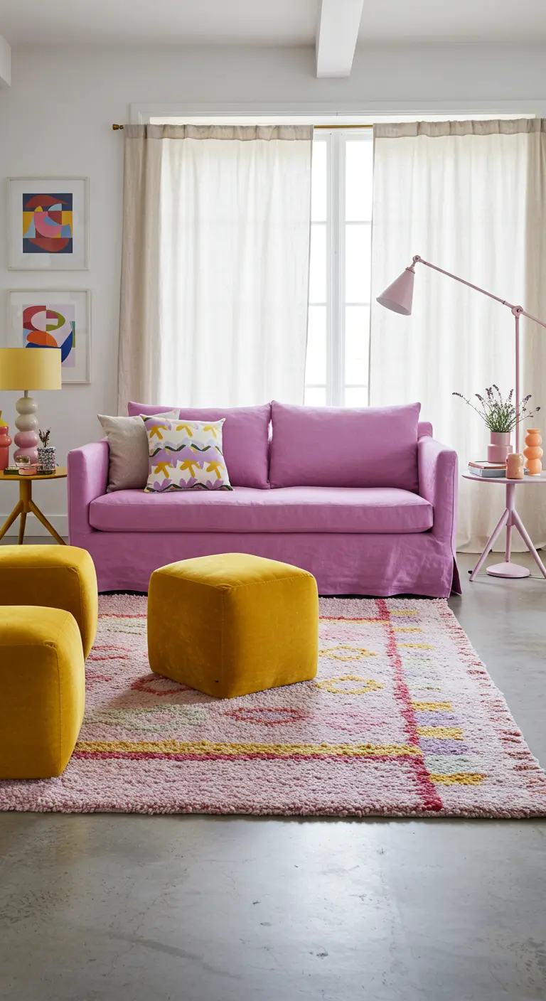 Vrolijke woonkamer met roze bank, gele poefs, kleurrijk vloerkleed, abstracte kunst.