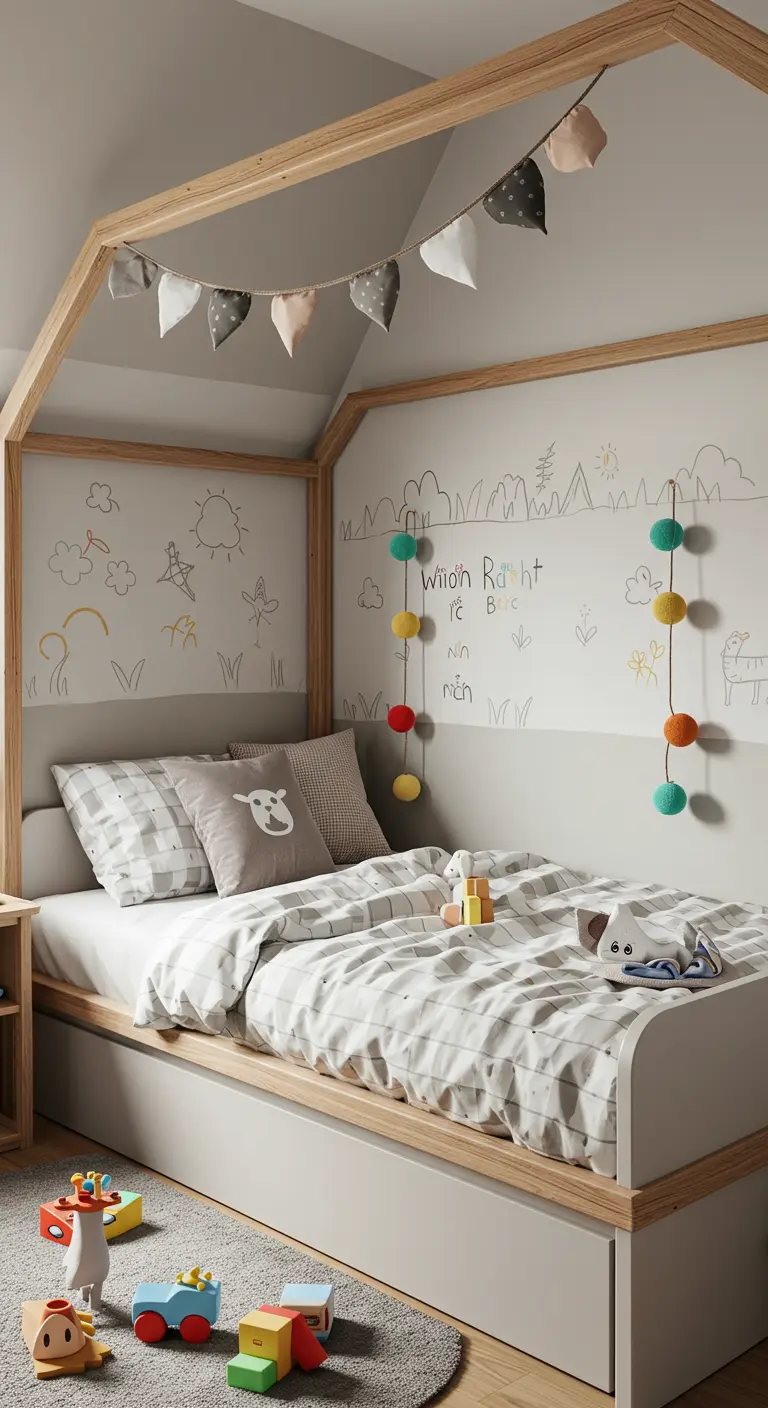 Kinderkamer met een bed in de vorm van een huisje, onder een schuin dak.