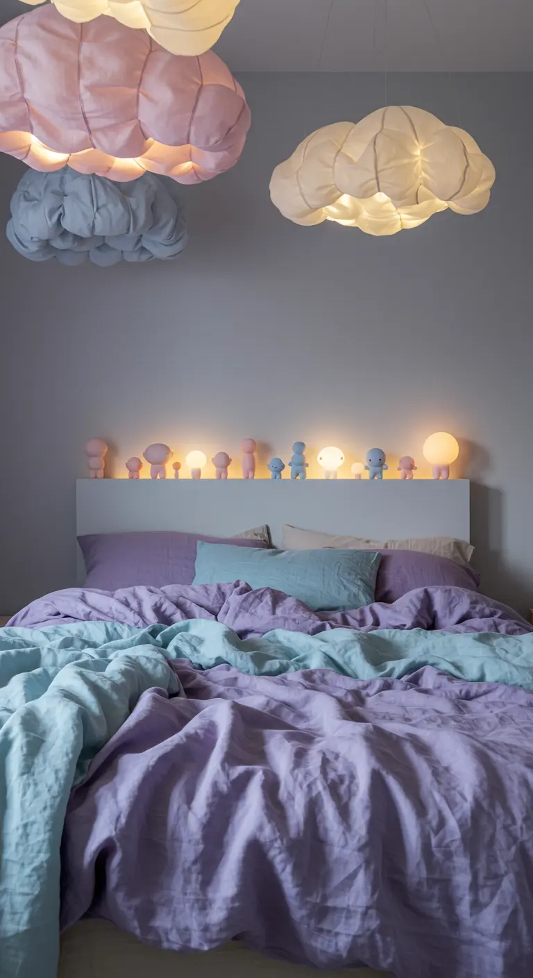 Slaapkamer met hangende wolkenlampen en een rij verlichte figuren op het hoofdbord.