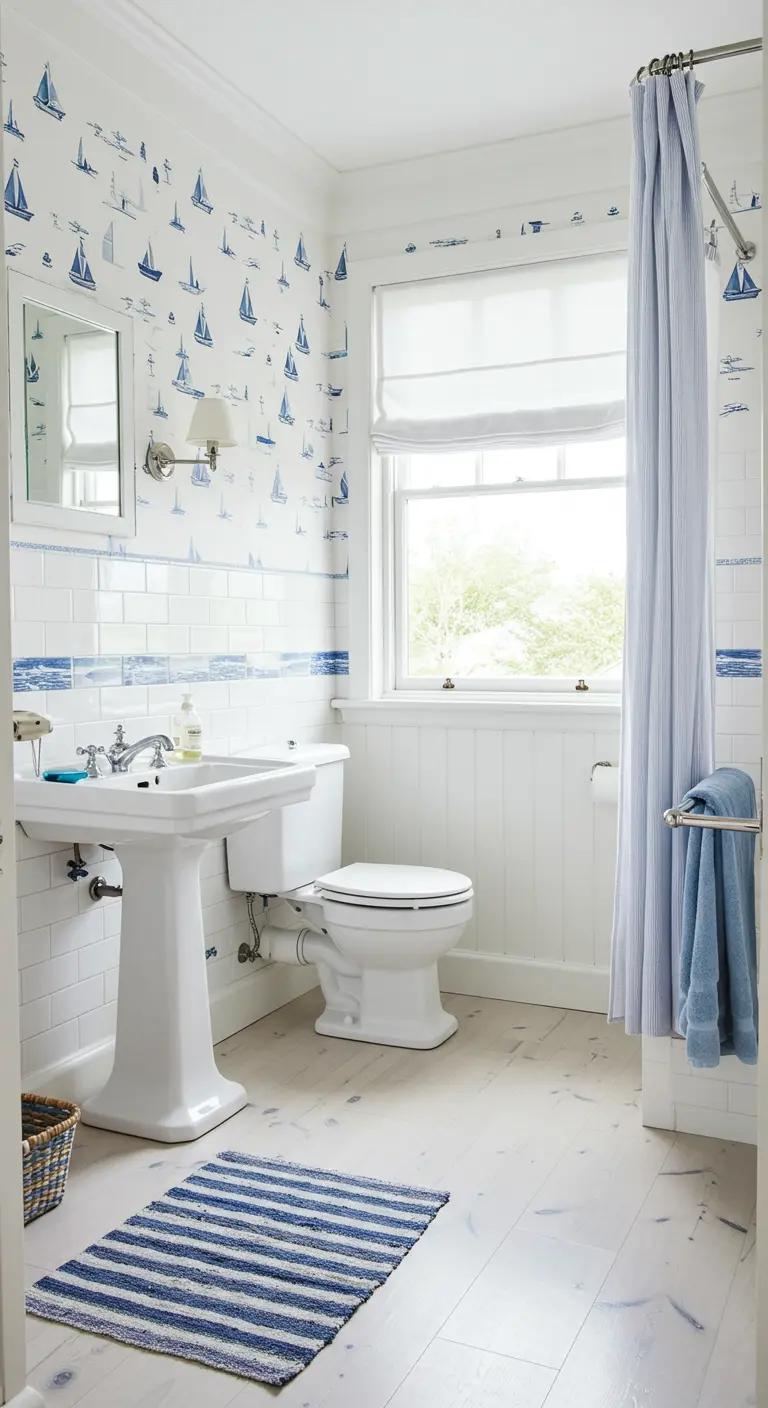 Maritieme badkamer met zeilbootjes behang, witte lambrisering en gestreepte badmat.