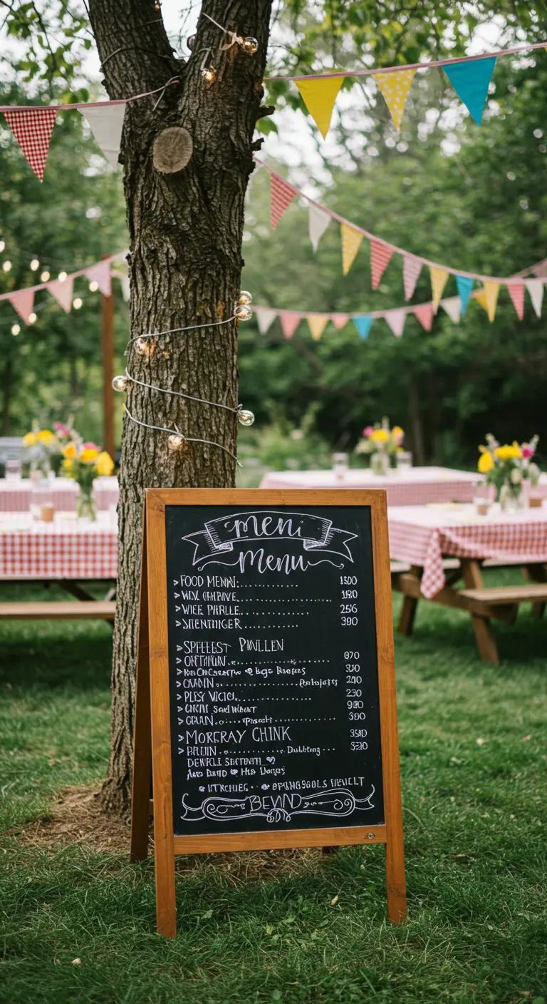 Krijtbord met handgeschreven menu in tuin, omringd door vlaggetjes en picknicktafels.