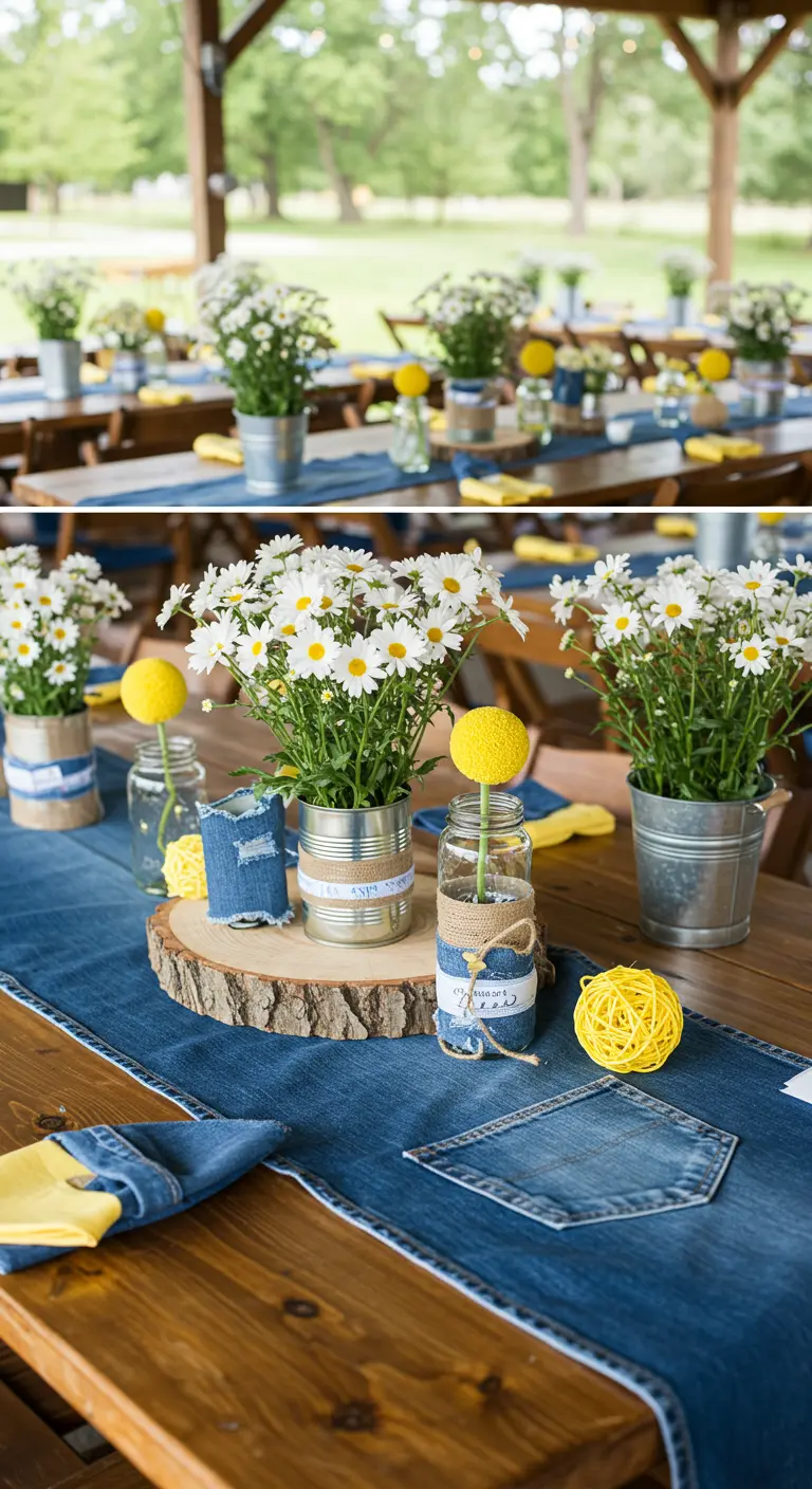 Tafel met denim loper, madeliefjes in blikken met denim details en gele accenten.