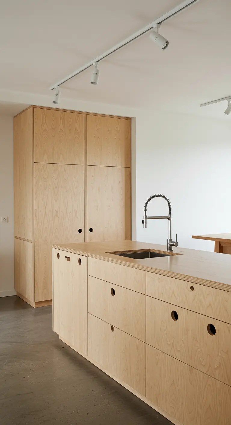 Lichte multiplex keuken met ronde, ingefreesde gaten als handgrepen.