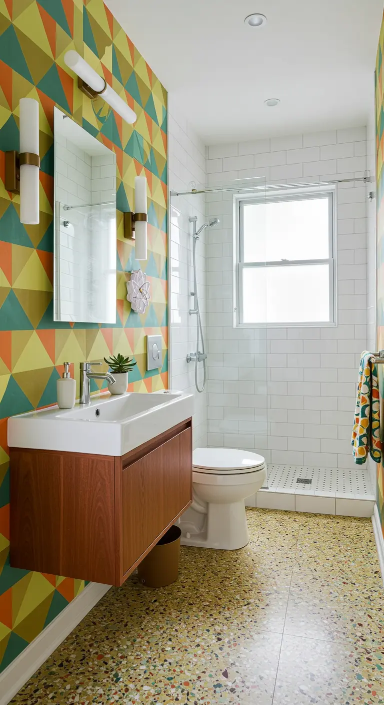 Moderne badkamer met geometrisch patroon behang en terrazzo vloer