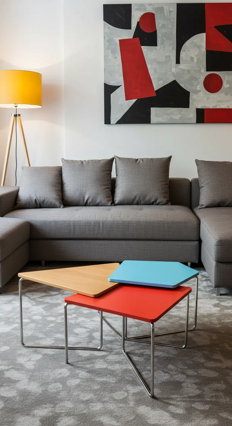 Set van drie moderne bijzettafels met gekleurde, overlappende bladen.