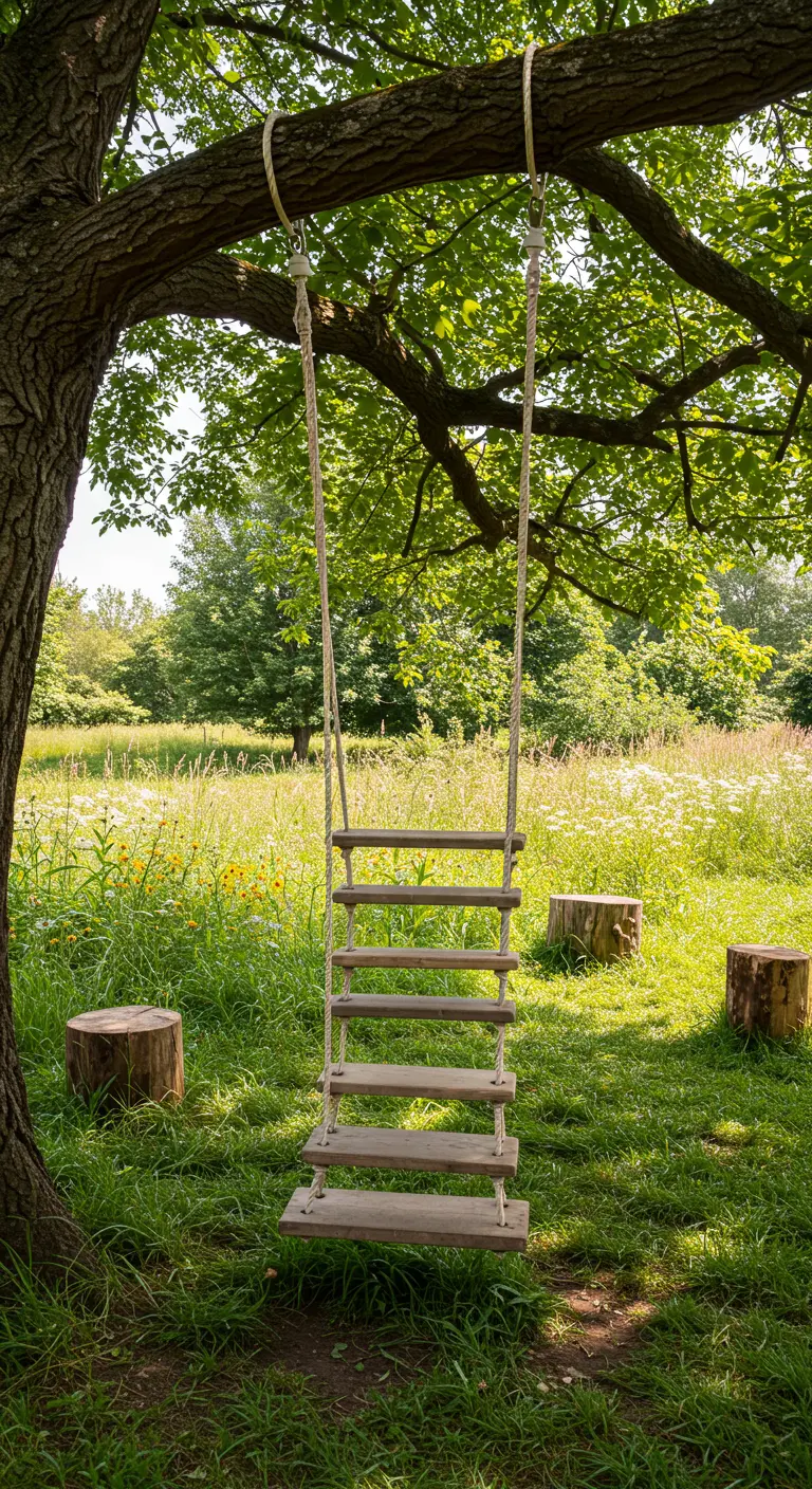 Touwladder-schommel hangend aan een boom in een weelderig groene tuin.