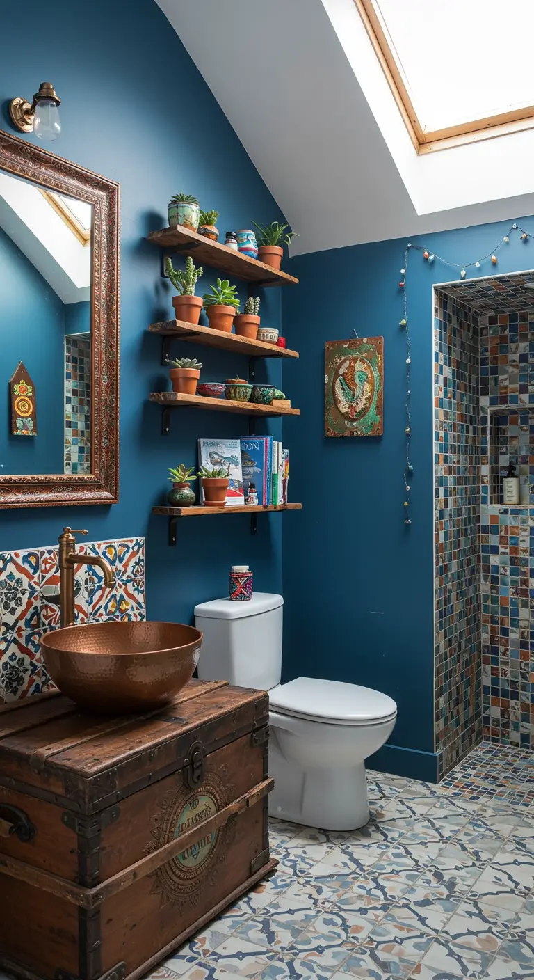 Levendige blauwe badkamer met houten planken vol planten en kleurrijke mozaïektegels.