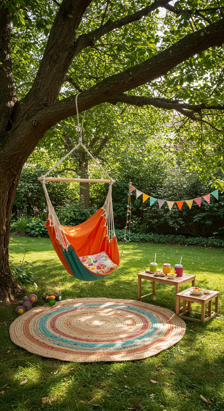 Kleurrijke hangmatstoel onder een boom met een rond, gestreept jute kleed en houten tafeltjes.