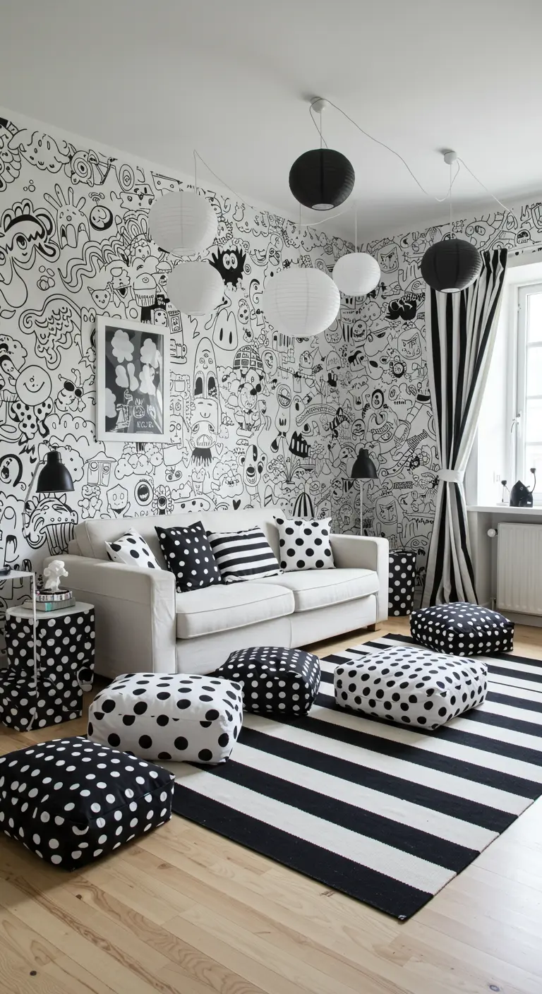 Speelse woonkamer met zwart-wit doodle behang, gestreept kleed en gestippelde poefs.