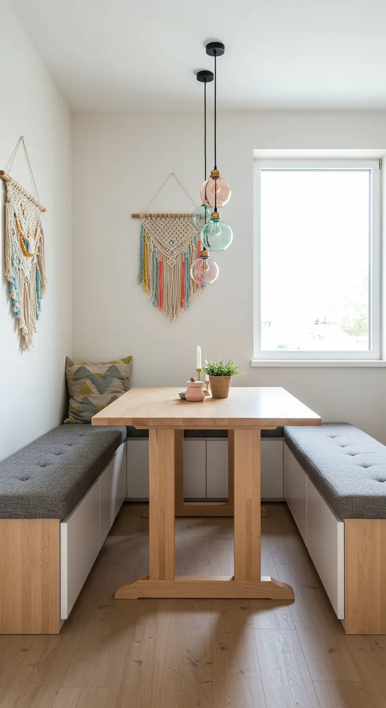 Compacte eethoek met ingebouwde houten banken, rechthoekige tafel en kleurrijke macramé wandhangers.
