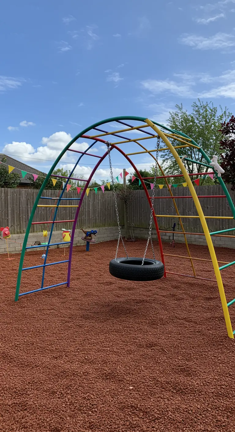 Autobandschommel aan een kleurrijk metalen klimrek in een speeltuin.