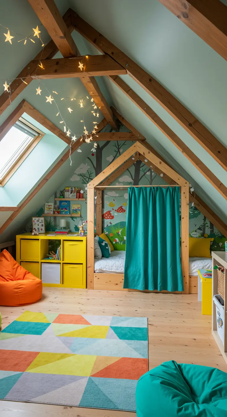 Kinderzolderkamer met bedhuisje, kleurrijke opbergers en sterverlichting.