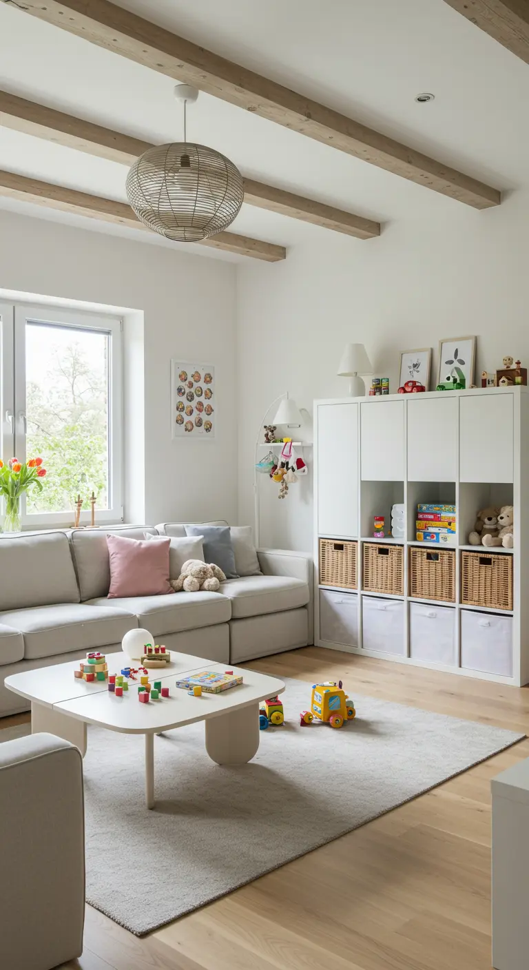 Lichte speelhoek met witte vakkenkast (type Kallax) met rieten manden, speelgoed en een zacht kleed.