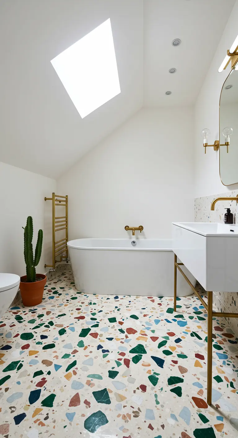 Moderne badkamer met een lichte terrazzovloer met grote kleurrijke spikkels.