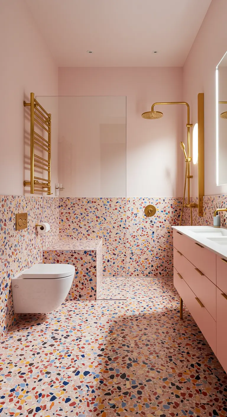 Roze badkamer met kleurrijke terrazzo tegels en gouden accenten, inloopdouche met glaswand.
