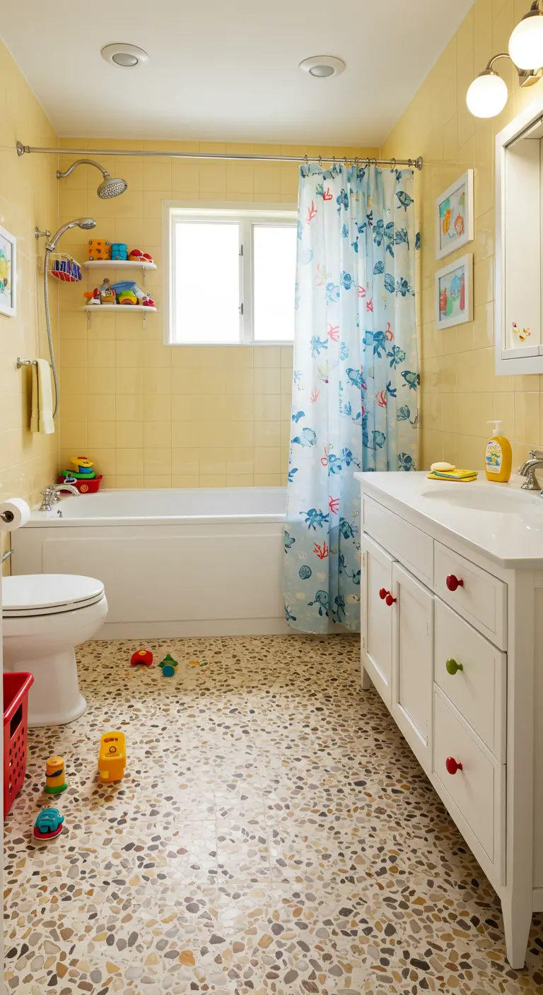 Kinderbadkamer met terrazzo-look vloer, gele wandtegels en kleurrijk speelgoed.