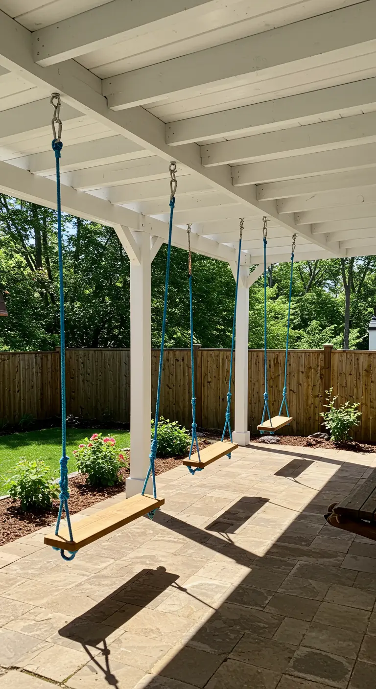Drie houten schommels met blauw touw hangend onder een witte pergola.