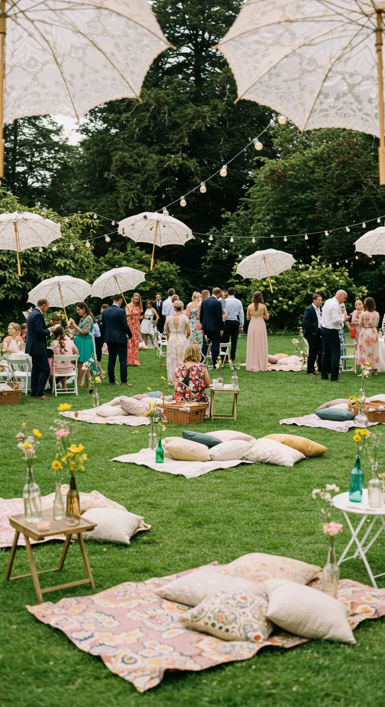 Picknick bruiloft in de tuin met parasols, kussens en bloemen.