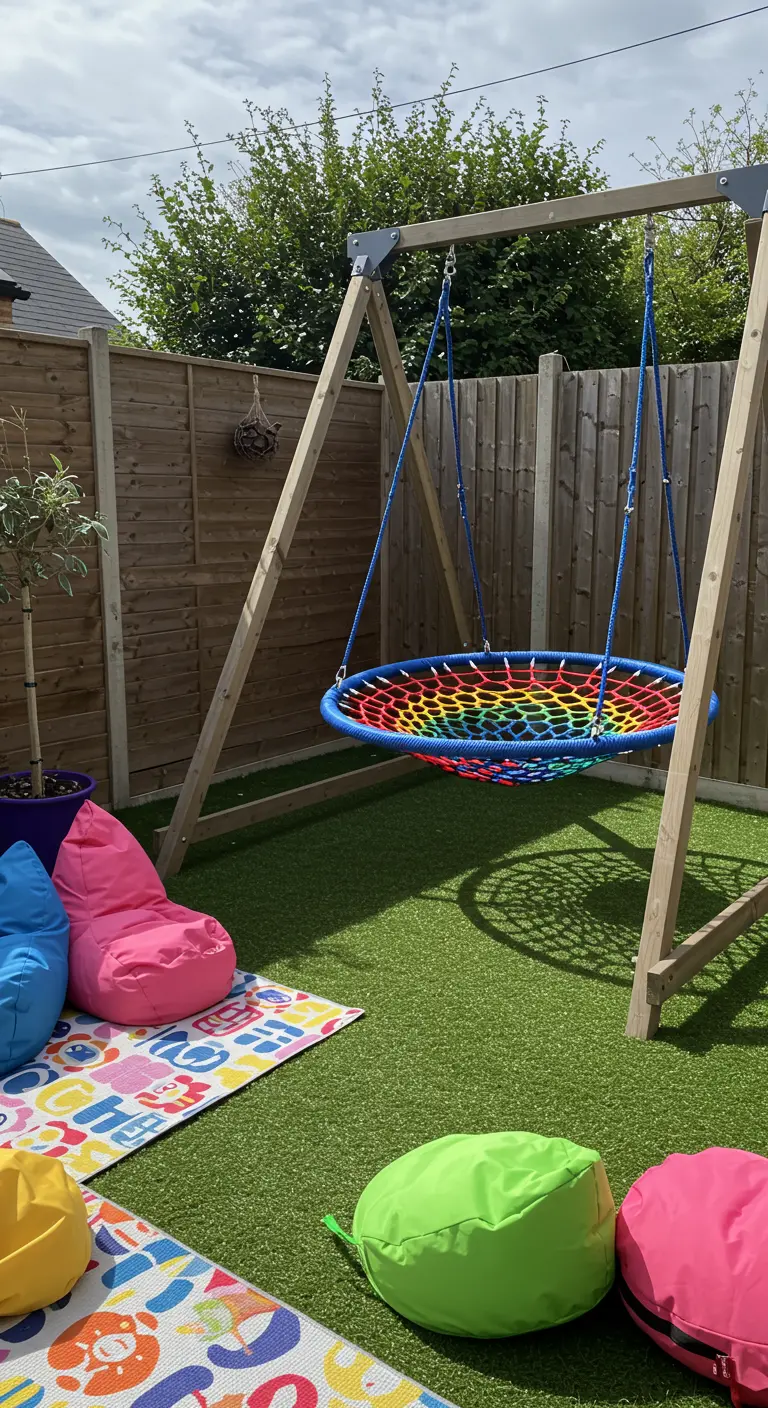 Regenboogkleurige nestschommel in tuin met kleurrijke zitzakken.