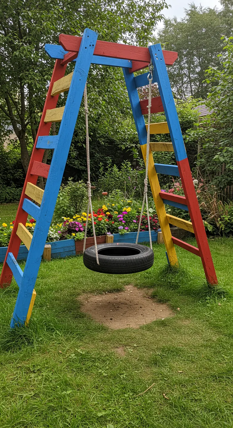 Bandschommel aan een kleurrijk geverfd houten A-frame klimrek in een tuin.