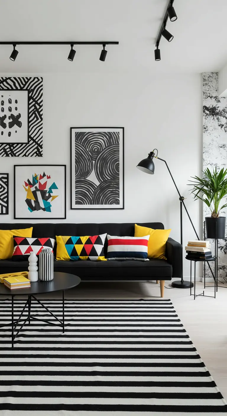 Levendige woonkamer met zwarte bank, gestreept vloerkleed, kleurrijke kussens en grafische kunst.