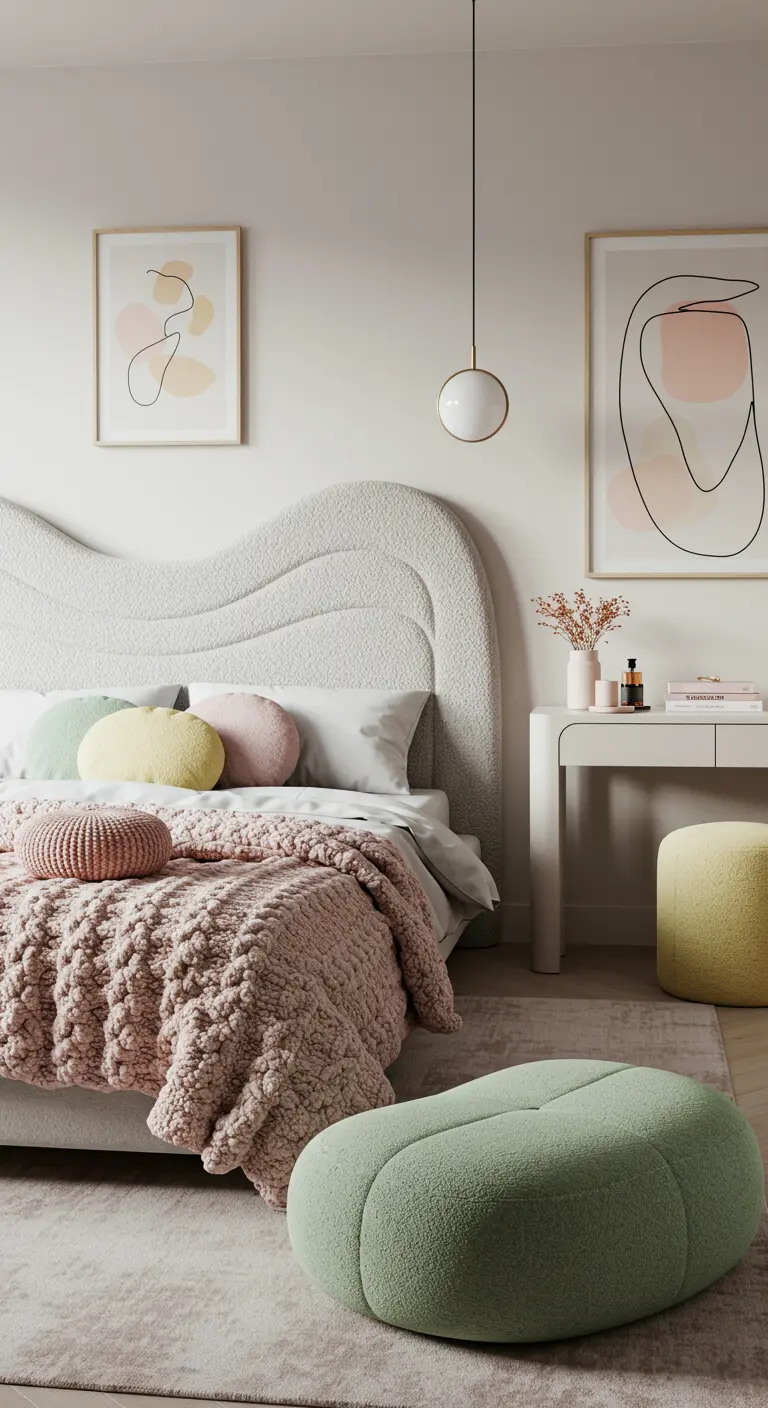 Speelse slaapkamer met golvend bouclé hoofdbord en pastelkleurige ronde kussens.