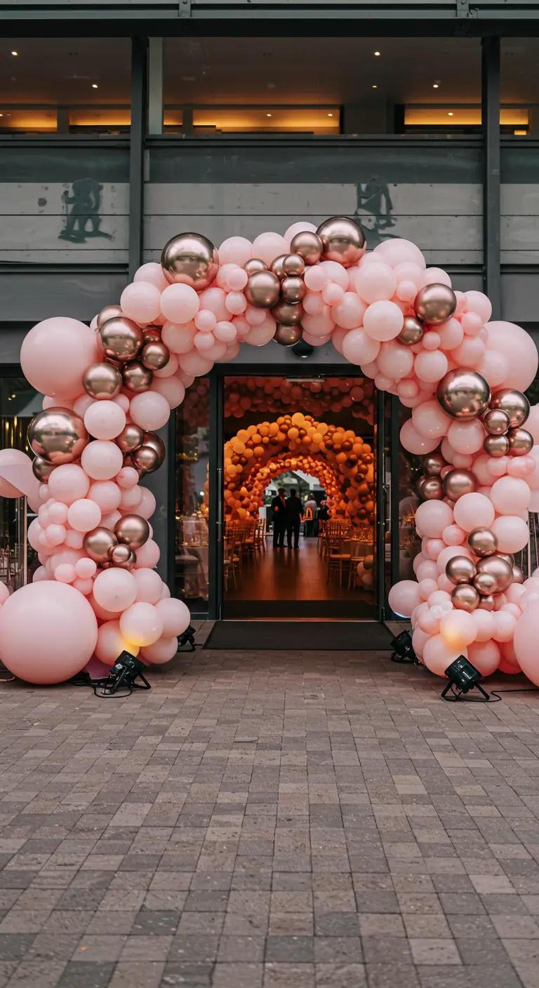 Grote ballonboog in zachtroze en roségoud bij een glazen entree.