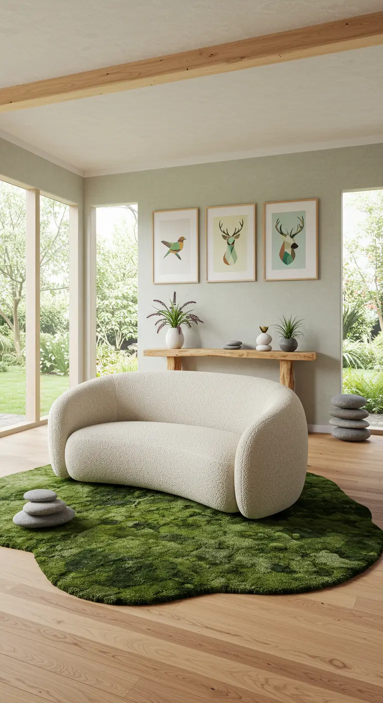 Lichte woonkamer met organische bank en drie prints met dierensilhouetten.